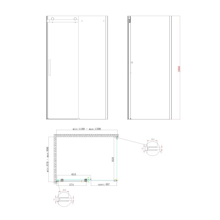 Бічна стінка до кабіни Koer SR SW01-90x200-TR-07 прозоре скло Easy Clean 8мм, графіт (KR5382)