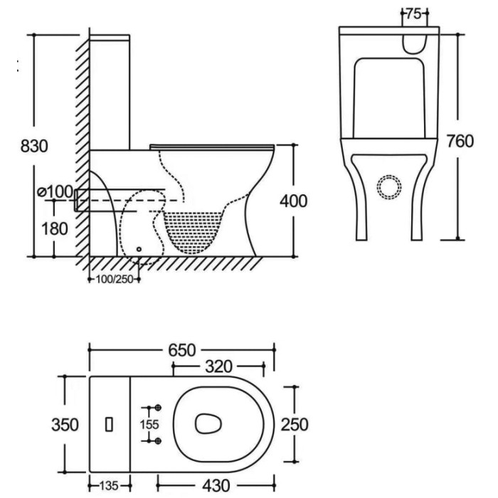 Чаша унітазу-компакту Mixxus Wave-0402-T3 Bowl 650x350x830 Tornado 3.0 без сидіння (MI8360)