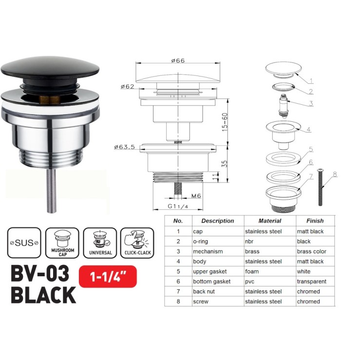 Донний клапан для раковини Zerix BV-03 BLACK 1 1/4'' універсальний (з/без перел) СLICK-СLACK (Колір чорний) (ZX6020)