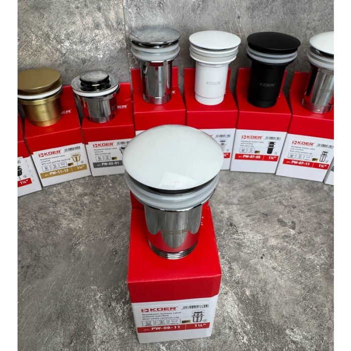 Донний клапан для раковини Koer PW-08-11 1 1/4'' без переливу автоматичний СLICK-СLACK (Біла керам.накл) (KR5788)