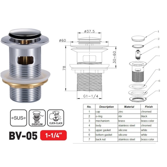Донний клапан для раковини Zerix BV-05 1 1/4'' з переливом автоматичний СLICK-СLACK (Колір хром) (ZX6022)