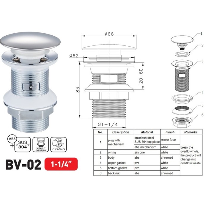 Донний клапан для раковини Zerix BV-02 1 1/4'' без переливу автоматичний СLICK-СLACK (Колір хром) (ZX6015)