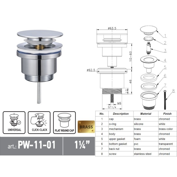 Донний клапан для раковини Koer PW-11-01 1 1/4'' універсальний (з/без перел) СLICK-СLACK (Колір хром) (KR5790)