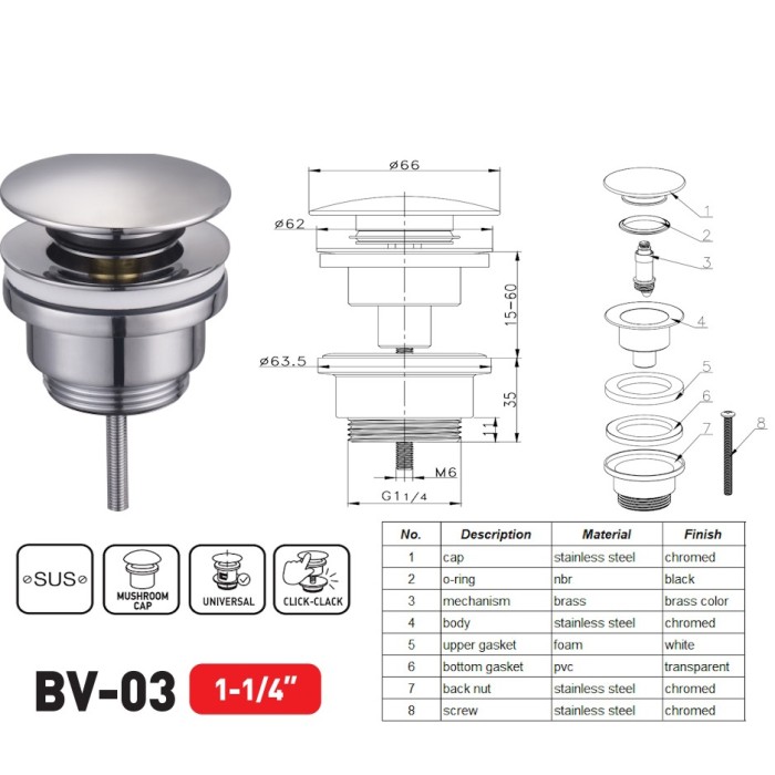 Донний клапан для раковини Zerix BV-03 1 1/4'' універсальний (з/без перел) СLICK-СLACK (Колір хром) (ZX6019)