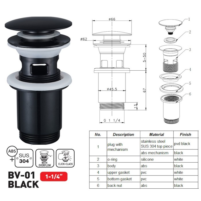 Донний клапан для раковини Zerix BV-01 BLACK 1 1/4'' з переливом автоматичний СLICK-СLACK (Колір чорний) (ZX6016)