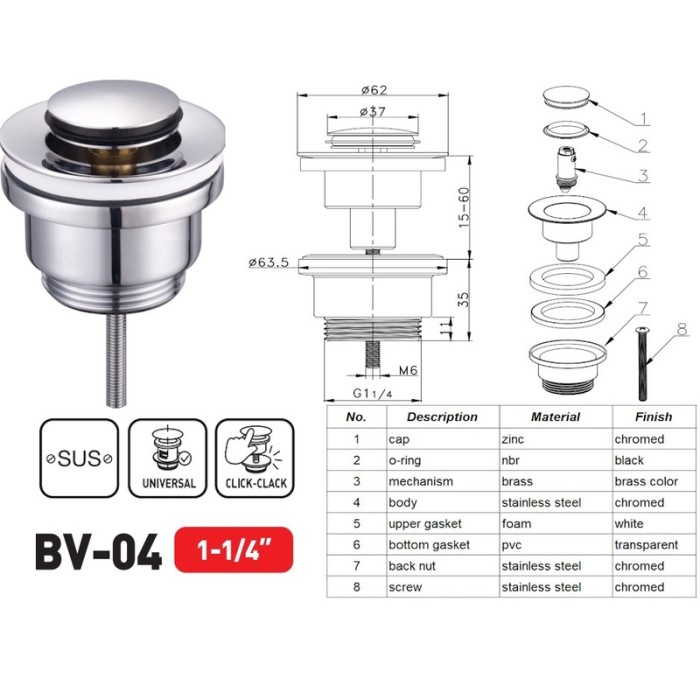 Донний клапан для раковини Zerix BV-04 1 1/4'' універсальний (з/без перел) СLICK-СLACK (Колір хром) (ZX6021)