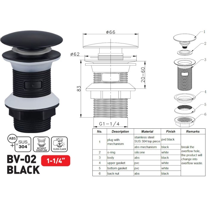 Донний клапан для раковини Zerix BV-02 BLACK 1 1/4'' без переливу автоматичний СLICK-СLACK (Колір чорний) (ZX6018)
