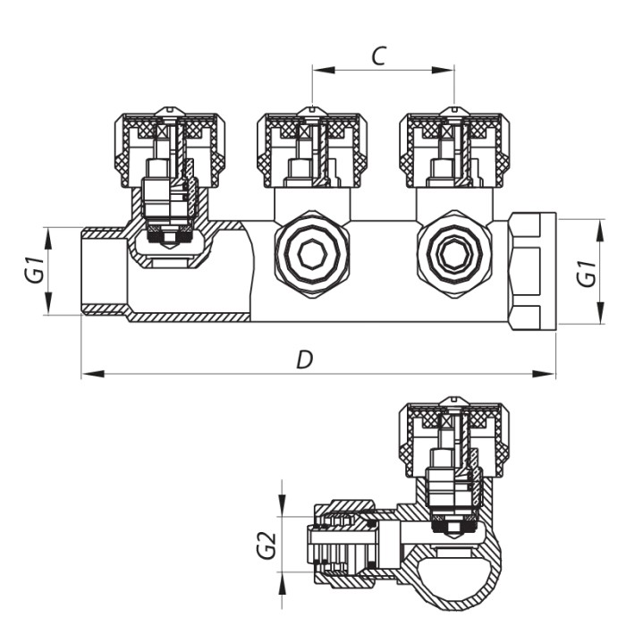 Колектор вентильний з фитингом KOER KR.1121-2 3/4"x2 WAYS (KR2650)