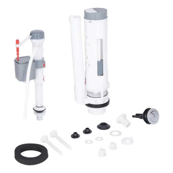 Комплект арматури: MIXXUS BUTTON-1802-1/2" СПУСКНА 2-х кнопочна + НАПОВНЮВАЛЬНА з НИЖНІМ підведенням, пластикове різьблення 1/2" (MI8411)