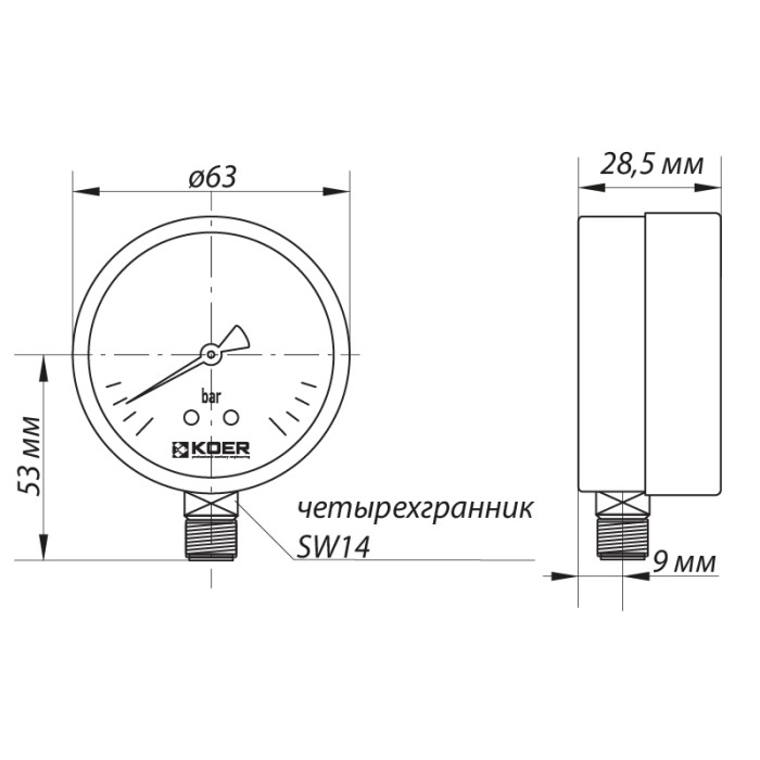 Манометр радіальний (KOER KM.610R) (0-10 bar), D 63мм, 1/4''-1/2'' (KR0205)