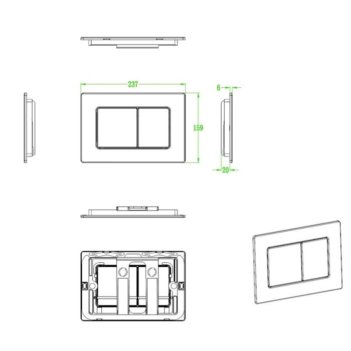 Панель змиву Koer KT-0612-02 240x160x10mm з нержавіючої сталі, кнопка квадратна SUS304 (KR6120)