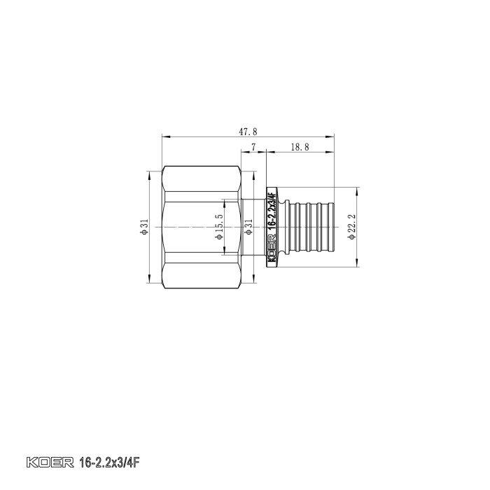 Перехідник з ВР Koer KA.A08F-16 - 16(2.2mm) x 3/4"F (KR4862)