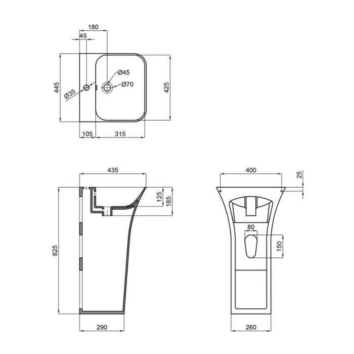 Раковина моноблок Mixxus BEVEL-1101 з отвором під змішувач та переливом 450х435х835mm (MI6697)