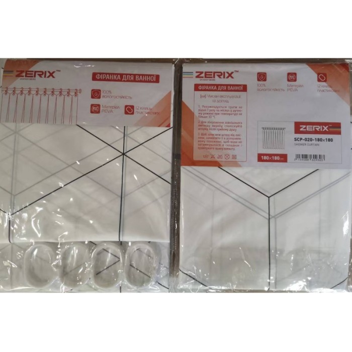 Шторка для ванної Zerix SCP-020-180x180 з PEVA (поліетиленвінілацетату) (Візерунок "Зигзаг" білий) (ZX6093)