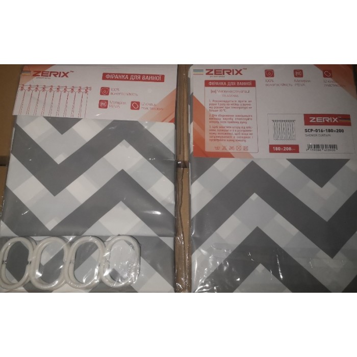 Шторка для ванної Zerix SCP-016-180x200 з PEVA (поліетиленвінілацетату) (Візерунок "Зигзаг" біло-чорний) (ZX6089)