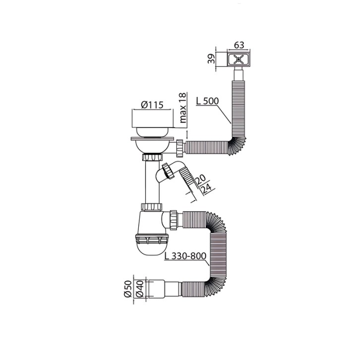 Сифон для кухні Mixxus SK-05-WH 3 1/2"x40 з пластиковою сіткою, відведенням для пральної машини, гнучким прямок. переливом (MI8193)