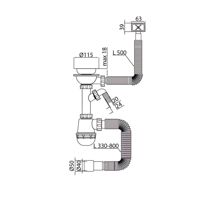 Сифон для кухні Mixxus SK-05-BL 3 1/2"x40 з пластиковою сіткою, відведенням для пральної машини, гнучким прямок. переливом (MI8192)
