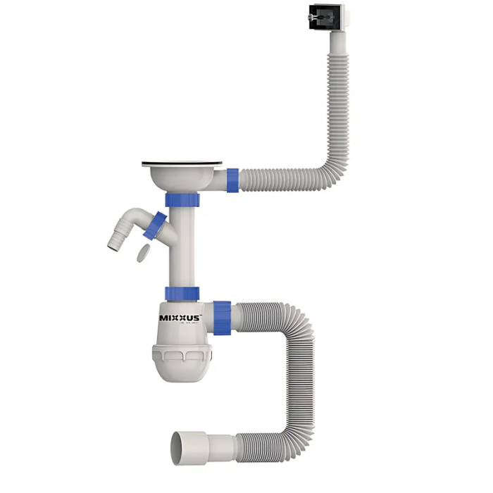 Сифон для кухні Mixxus SK-02-B 3 1/2"x40 з нерж.сіткою, відведенням для пральної машини, гнучким прямок. переливом (MI8195)