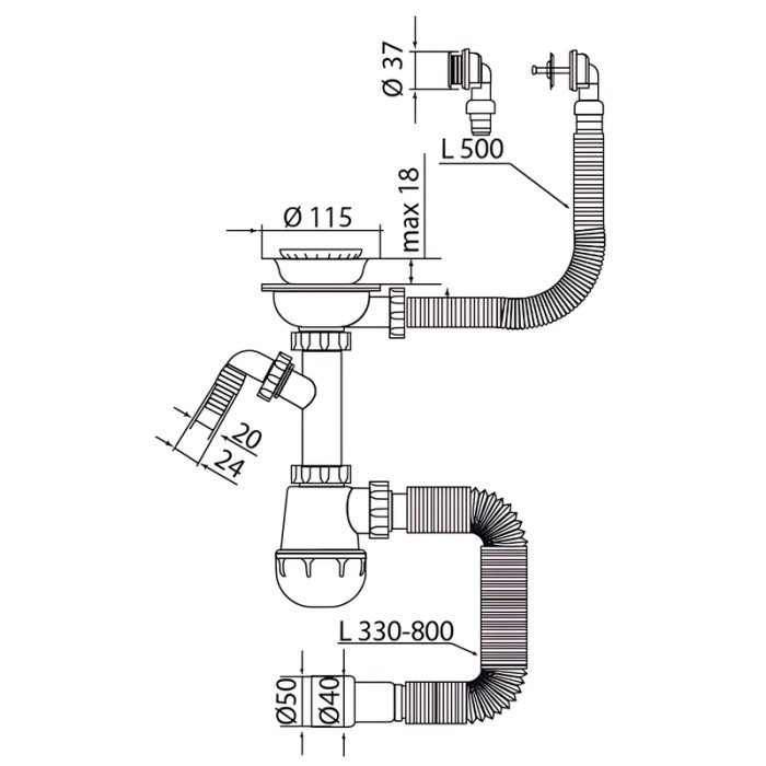 Сифон для кухні Mixxus SK-07-B 3 1/2"x40 з нерж.сіткою, відведенням для пральної машини, гнучким круг. переливом (MI8199)