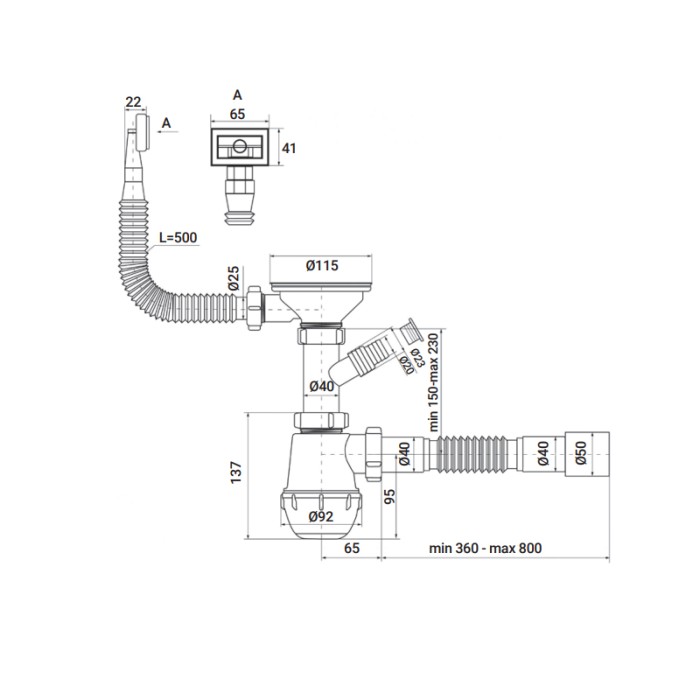 Сифон для кухні Zerix SK-02-B 3 1/2"x40 з різьб. випуском та відведенням для пральної машини (ZX4953)