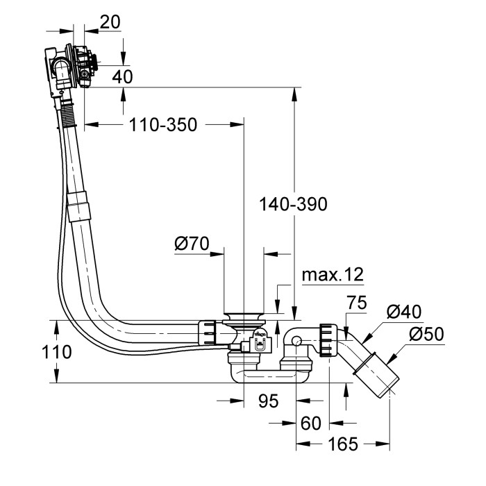 Сифон для ванни без комплекту верхньої монтажної частини GROHE Talentofill (28991000) напівавтоматичний з переливом, без ревізії (Колір хром) 1 1/2'' (28991000)