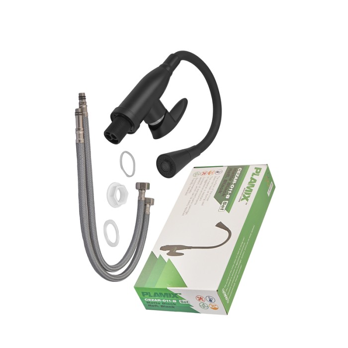 Змішувач для кухні PLAMIX CEZAR-011-B SET MATTE BLACK REFL.BLACK з силіконовим виливом, з підведенням (PM0719)