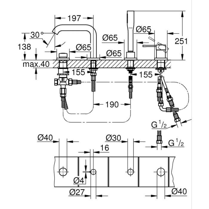 Одноважільний змішувач для ванни на 4 отвори Grohe Essence (25251001)