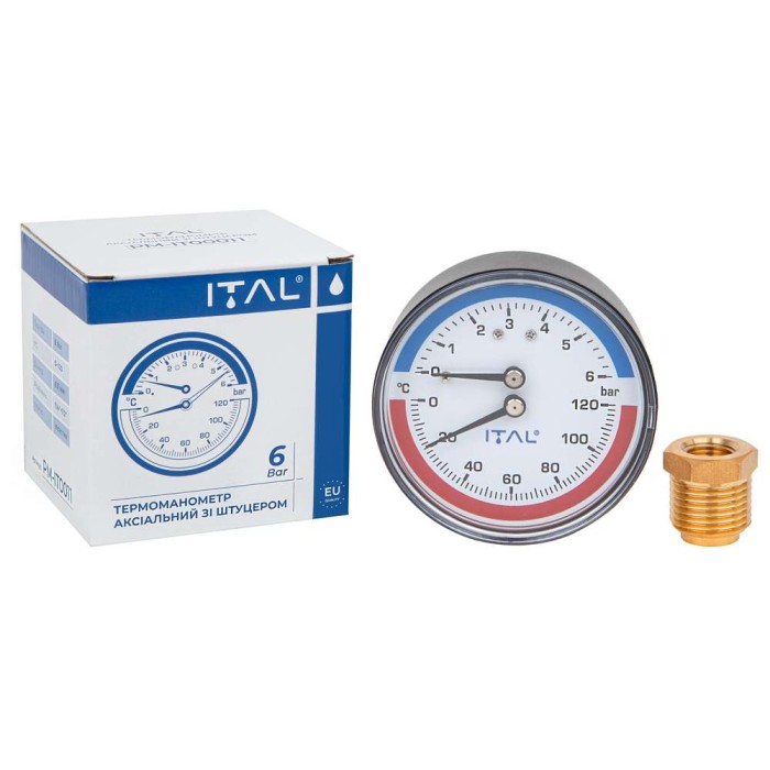 Термоманометр Ø63 фронтальний ITAL (6 бар, 120*С) 1/4" + 1/2" футорка з клапаном {100}
