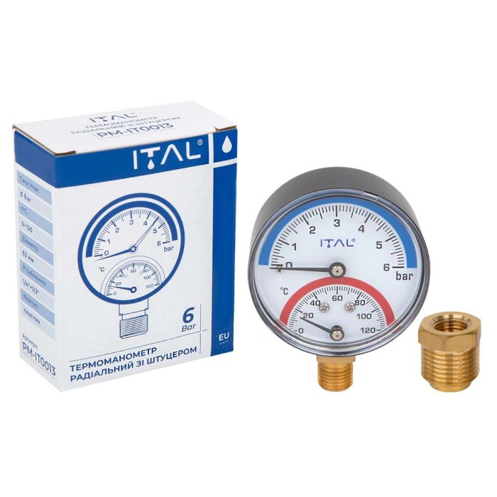 Термоманометр Ø63 радіальний ITAL (6 бар, 120*С) 1/4"+1/2" футорка з клапаном {100}