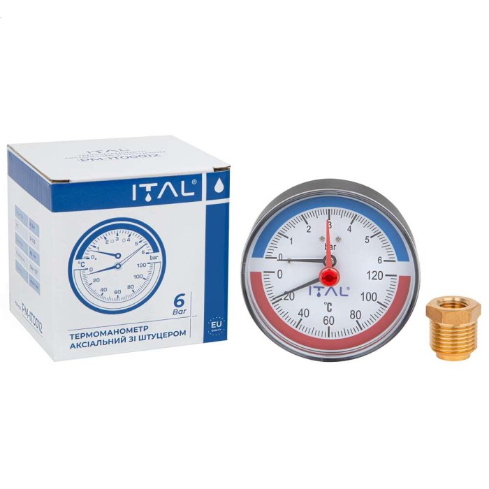Термоманометр Ø80 фронтальний ITAL (6 бар, 120*С) 1/4" + 1/2" футорка з клапаном {50}
