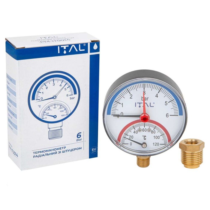 Термоманометр Ø80 радіальний ITAL (6 бар, 120*С) 1/4" + 1/2" футорка з клапаном {50}
