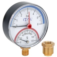 Термоманометр Ø80 радіальний ITAL (6 бар, 120*С) 1/4" + 1/2" футорка з клапаном {50}